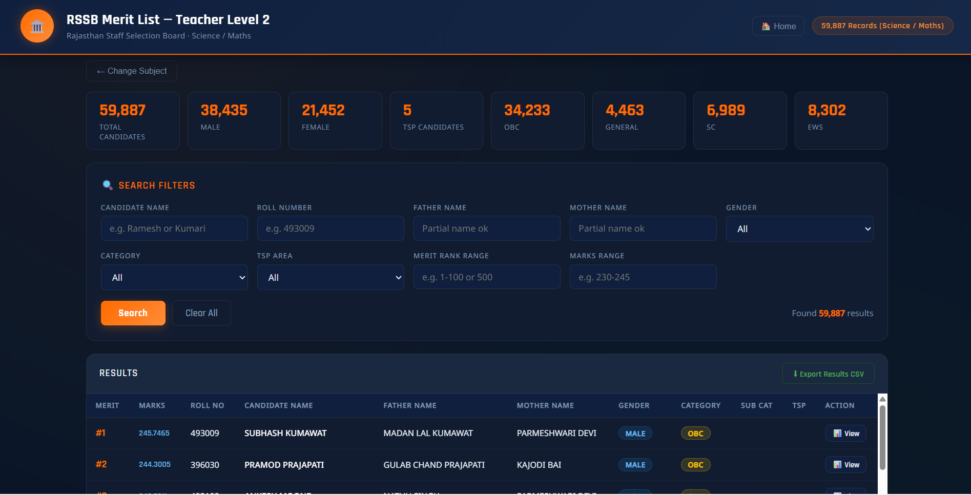 Search Dashboard interface